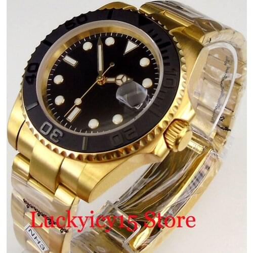24 Jewel NH35A Luxury Black Selfwinding Men Watch Yellow Gold Coated Oyster Bracelet YM Insert Luminous Index Date Magnifier