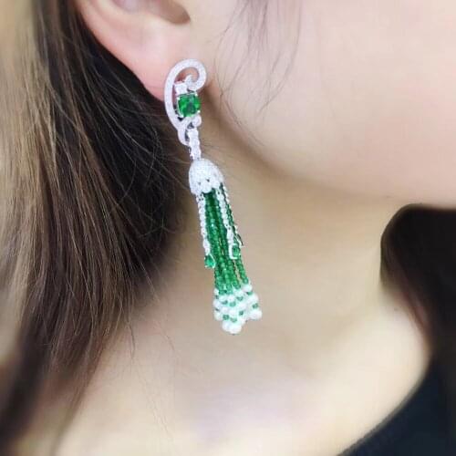Green color natural fresh water pearl earring semi-precious stone 925 sterling silver with cubic zircon long tassels earring