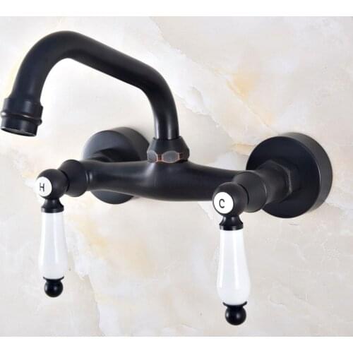 Kitchen Wet Bar Bathroom Vessel Sink Faucet Black Oil Rubbed Brass Wall Mounted Swivel Spout Mixer Tap Dual Ceramic Lever mnf821