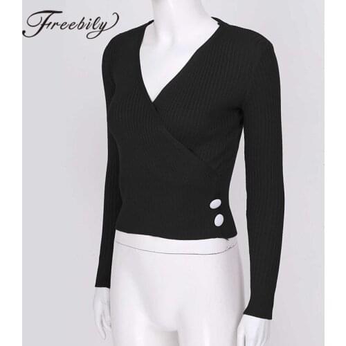 Women Cross V Neck Button Sweater Pullovers Solid Pink Black Short Shirts Ladies Slim Fit Ribbed Knitted Crop Tops Elegant 2020