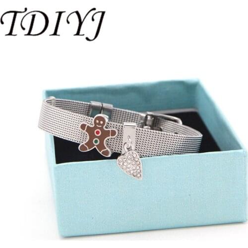 TDIYJ Gift Box Ginger bread Man Heart Dangle New Collection Charms DIY Stainless Steel Mesh Bracelet For Christmas 1Set
