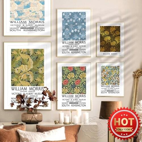 William Morris Exhibition Museum Poster,Flower Posters,Retro Chrysanthemum Wall Picture, Blue Daisy Exhibition Art Poster