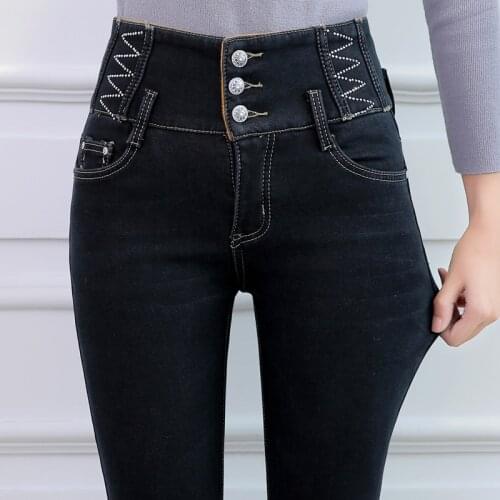 Ladies Trousers Female Elastic Ankle Denim Jeans for Women Pants Plus Size Velvet Jeans Women Winter Warm High Waist Blue Skinny