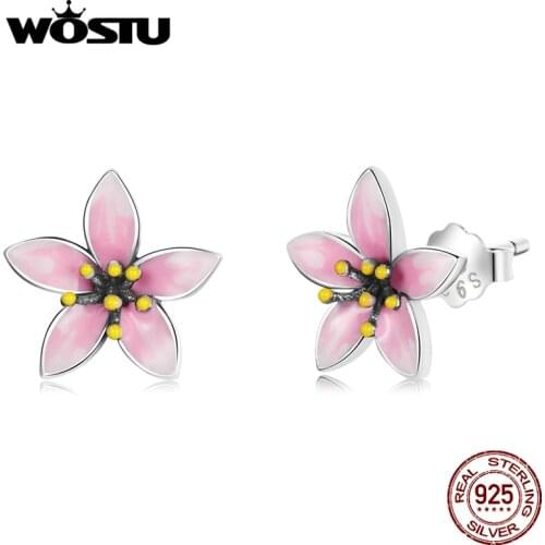 WOSTU 925 Sterling Silver Pink Cherry Blossom Small Cute Stud Earrings For Women Fashion Party Jewelry CQE1273
