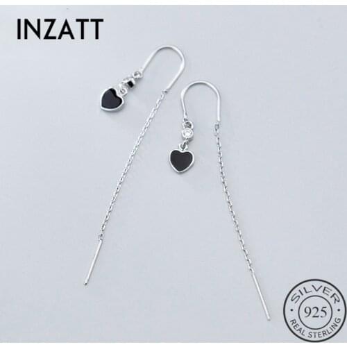INZATT Real 925 Sterling Silver Black Heart Tassel Drop Earrings For Fashion Women Party Fine Jewelry Cute Accessories Gift