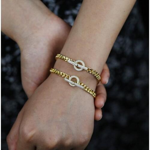 Top Quality Simple Geometric Circle Bar Bracelet Shiny 5A Cubic Zirconia Gold Color Punk Chain For Woman Bracelet Necklace Gift