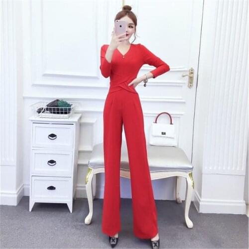Women 2020 Spring Autumn Casual Slim Jumpsuit Elegant V-Neck Long Sleeve High Waist Wide Leg Pants Female Fashion Rompers N347