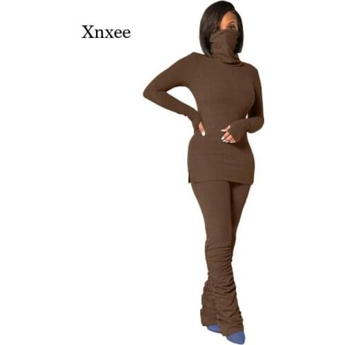 Spring/summer Womens Bandage Fitness Fashion Suit Long Sleeve High Neck Sports Workout 2 Piece Slim Top and Stacked Pants