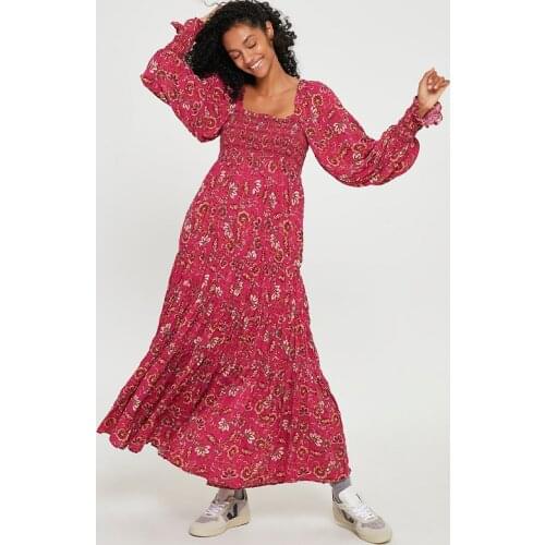 Spring and summer female red long dress floral print bohemian dress long sleeve sweet girl holiday dress