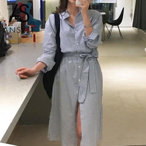 ANSELF 2020 Autumn Dress Women Striped Shirt Dress Stand Collar Long Sleeves Belted Midi Dress Elegant Ladies Office Work Wear