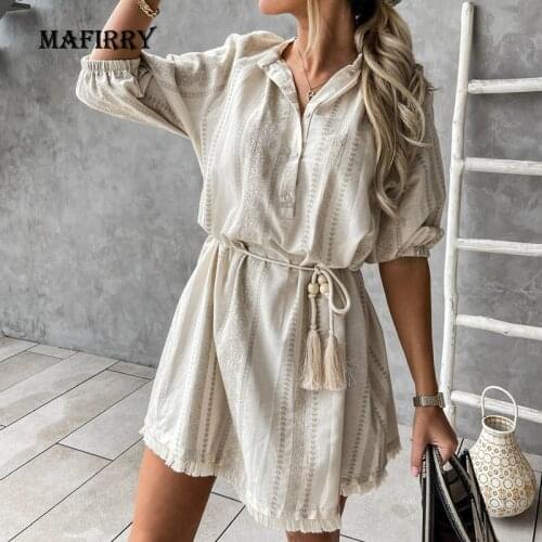 Women Beach Style Mini Print Dress Summer Casual Button Short Sleeve Streetwear Dress Elegant Lady Turn Down Collar Sashes Dress