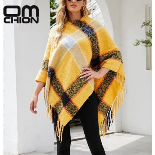 OMCHION Pull Femme 2021 Autumn Winter New Imitation Cashmere Contrast Striped Cloak Knitted Tassel Scarf Shawl Women Ponchos