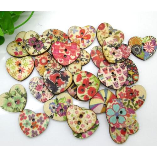 100Pcs Mixed Heart Wooden Buttons Flatback Cabochon Scrapbooking Crafts Wood Knopf Bouton Kawaii Decor Diy Accessories