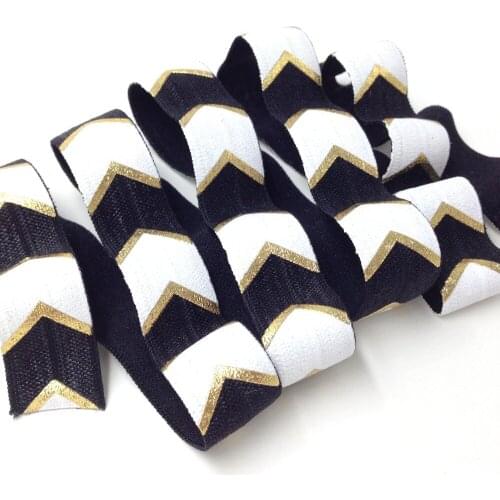 5 Yards 5/8 Black and White Gold Foil Printed Chevron Metallic Big Arrow FOE Hair Elastic Ribbon sewing accessories