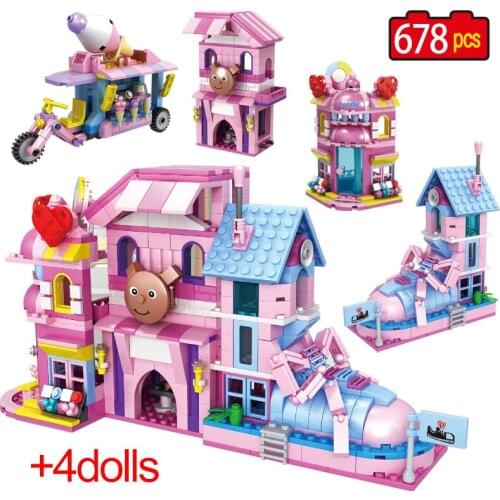 678pcs 4 in 1 City Ice Cream House Cart Building Blocks Friends Candy Store Shoes Shop Bricks Educational Toys For Kids Gifts