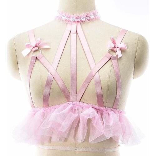 Pink Mesh Bow Harness Bra Kawaii Wedding Lingerie Hollow Sexy Women Bondage Body Harness Belt Edgy Goth Cage Bra