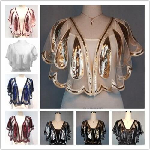 Elegant Black Gold Blue Red silver Newly Women Summer Bridal Shawl Wrap Bolero Short Cape Sequined Sparking