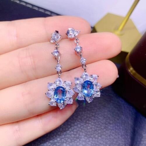 Fine Jewelry 925 Pure Silver Chinese Style Natural Swiss Blue Topaz Girl Luxury Classic Plant Gem Earrings Eardrop Support Detec