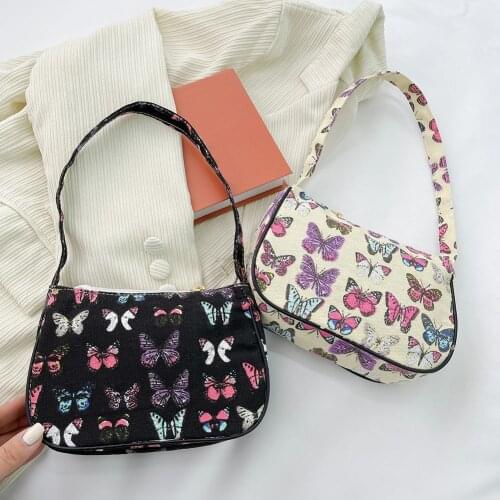 Exquisite Womens Bag Trend 2021 Cheap Quality Female Handbag Daisy Butterfly Printing Canvas Shoulder Underarm Short Handle Bag