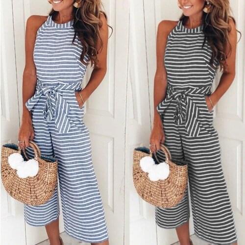 Summer Women Halter Casual Striped Printed Belt Jumpsuits one piece Jumpsuit Wide Leg Jumpsuit Slim Sleeveless Combinaison Femme