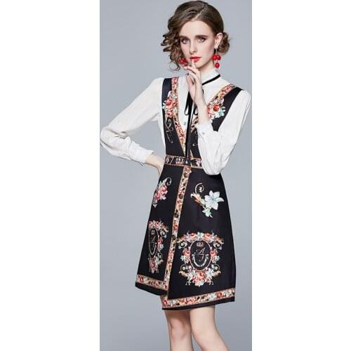 Summer Womens Prom Suit French Commuter Stand-up Collar Solid Color Lace-up Top + Printed Suspender Skirt New Female Sets X174