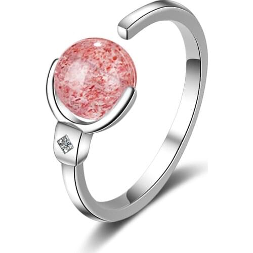 Trendy Pink Strawberry Quartz 925 Sterling Silver Lady Finger Rings Jewelry Women Birthday Gift No Fade Open Ring Cheap