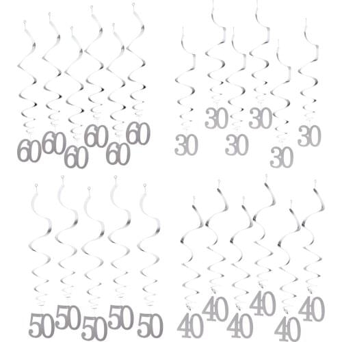 Pack of 12 Numbers 30 40 50 60 Hanging Swirls Birthday Anniversary Party Spiral Ornament, 4 Types Available