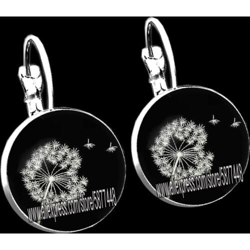 Dandelion Round Glass Cabochon Women Earrings Art Photos Black and White Dandelion Girls Stud Earrings