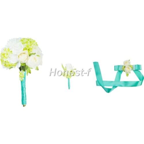 Original Artistic Artificial Rose and Hydrangea Bouquet with Groom Corsage and Brides Wrist Flower for Wedding, Party Decoratio