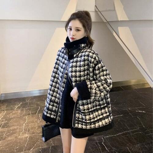 Autumn and winter new houndstooth coat and fur one-piece womens loose jacket motorcycle suit korean coats women
