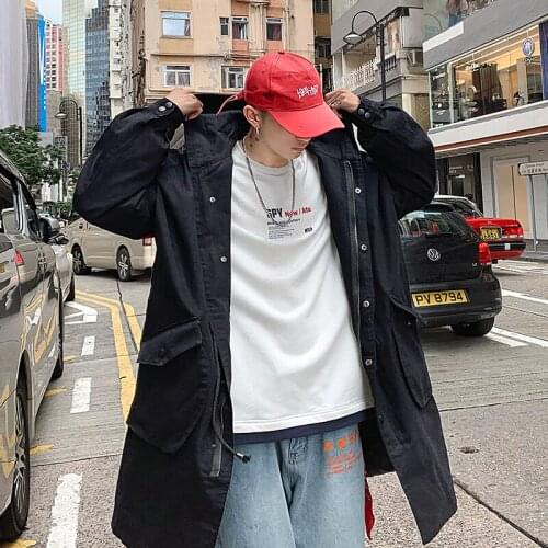 Autumn Mens Long Trench Coat Black Hooded Windbreaker Coats Loose Boys Outwear Plus Size M-5XL D666