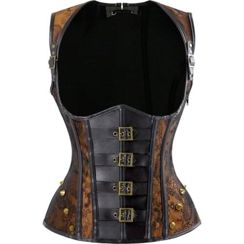 Sexy Womens Steampunk Retro Underbust Spiral Steel Boned Lace up Corset Waist Trainer Rivets Gothic Buckles Trim Bustier Brown