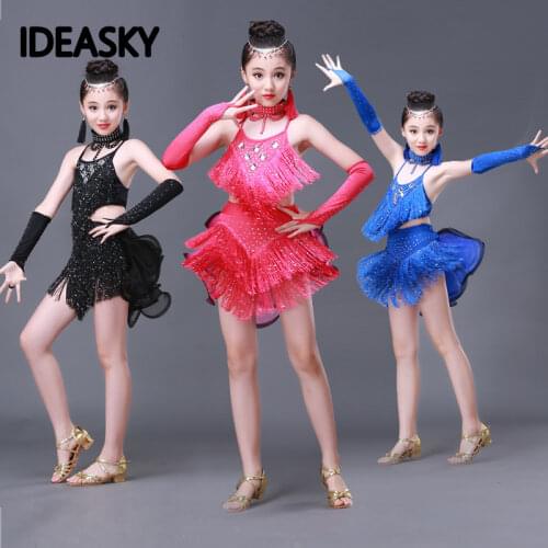 Tassel latin dance dress for girls salsa kids dresses competition spandex children samba tango salsa Fringe costume ballroom