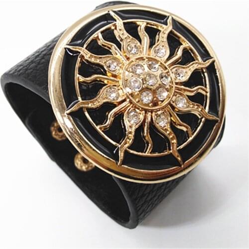 Sunflower Rhinestone Geometric Black Circle Fashion Wide Fashion Cuff Bangle Wide Leather Bracelets Women Female Jewelry