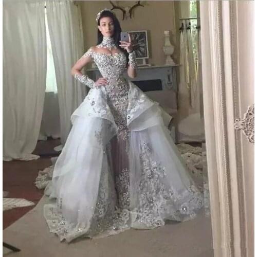 Luxury High Neck Illusion Long Sleeve Sheer Neck Ball Gown Wedding Dress Overskirt Tiered Lace Applique Beaded vestido de novi