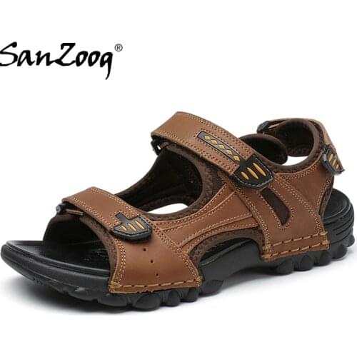 Genuine Leather Summer Mens Sandals Beach Plus Size Flat Casual Breathable Open Sandal Sandalias Hombre Sandles 48s Hook & Loop