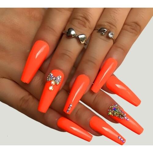 Custom made3D Shinning Rhinestones Matte Burgundy Stiletto Fake Nails glazeOrange long Press on Designs False Wear Nail 24P/set