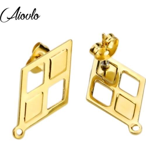 10pcs/lot Exaggerated Surgical Steel Real Gold Plated Rhombus Earring Connector Posts Studs DIY Earrings Jewelry Making Supplies