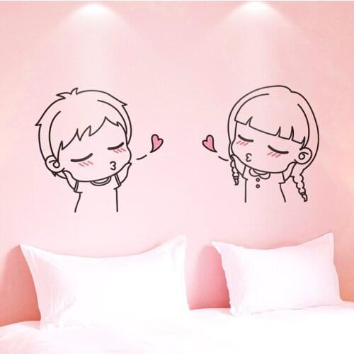 [SHIJUEHEZI] Girl and Boy Wall Stickers DIY Cartoon Mural Decals for Bedroom Shop Glass Valentines Day Decoration