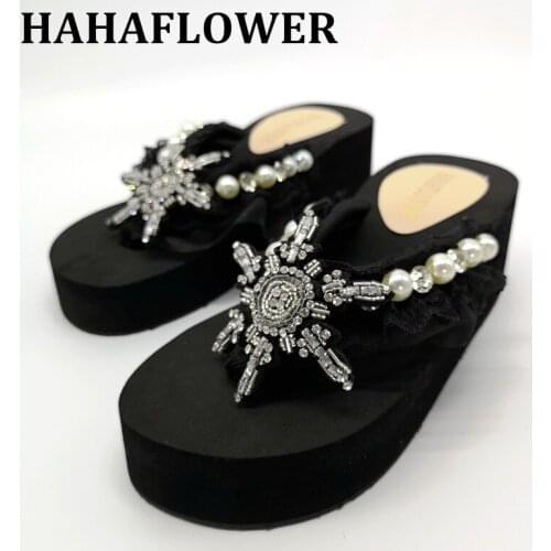 HAHAFLOWER Women Slippers Summer Beach Slippers Flip Flops Sandals Women Pearl Fashion Slippers Ladies Platform Shoes