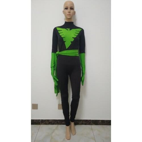 Special price! Black & Green X-Men Phoenix Warrior Spandex Superhero Costume Halloween Removable gloves