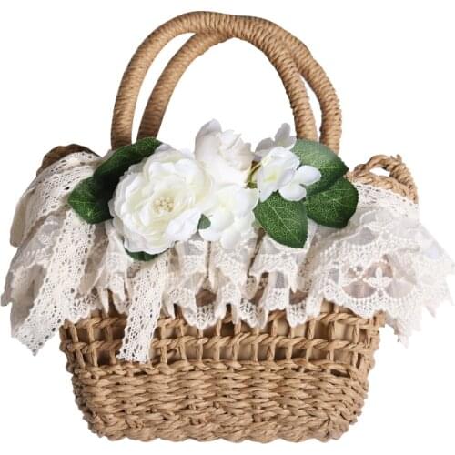 Lolita Sweet Daily Handbag Kawaii Girl French Pastoral Style Lace Flower Soft Girl Woven Bag Female Cosplay Cos Loli Bag