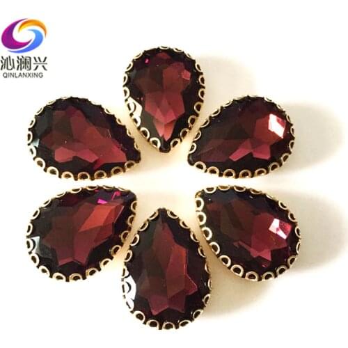 Wine red color Drop shape top glass crystal lace claw rhinestones,golden base sew on stone for Diy/Clothing accessories HGS18