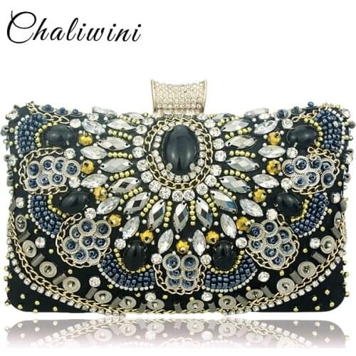 Vintage Retro Black Beaded Women Evening Purse Bag Wedding Party Cocktail Ladies bolsa feminina Formal Beading Handbag Clutch
