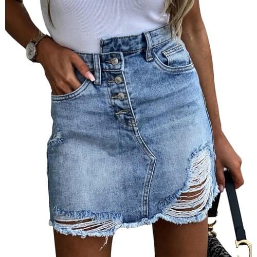 2021 Summer Women Mini Denim Skirt Fashion High Waist Breathable Polyester Pockets Button Ripped Bodycon Skirt Date Jeans Skirt