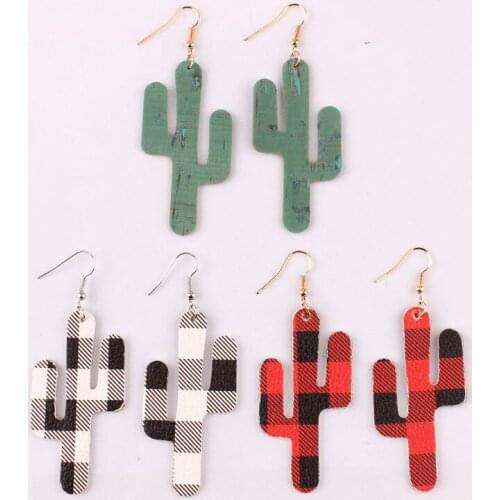 ZWPON 2019 Buffalo Plaid Southwest Earrings PU Leather Cactus Earrings Women Fashion Summer Jewelry Leather Earrings Wholesale
