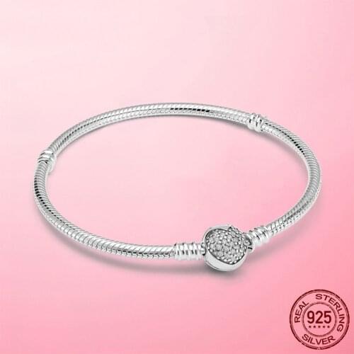 Hot Sale 925 Sterling Silver Sparkling Heart Clasp Snake Chain Bracelet For Women For Original DIY Charm Beads Jewelry