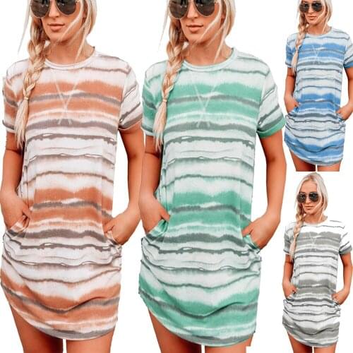 Woman Dress 2021 Summer Pocket T Shirt Dress O Neck Short Sleeve Striped Loose Casual Womens Dresses