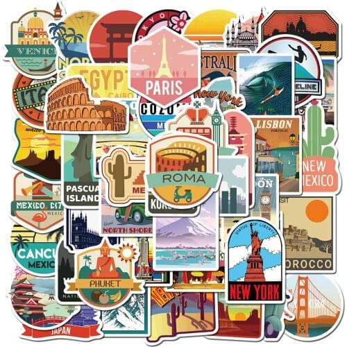 10/30/50Pcs Global Travel City Landscape Stickers Decal Vinyl for Stationery Scrapbooking PS4 Skateboard Laptop Guitar Sticker