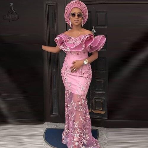 Aso Ebi style Elegant Mermaid Prom Dresses Long Off Shoulder African Women Formal Dress Flowers Appliqued Evening Gown Plus Size